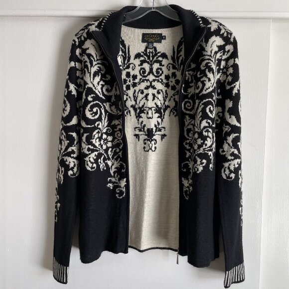 Icelandic Design Floral Cardigan Sweater Wool Full Zip Size S  Black Tan Nordic - Picture 14 of 16